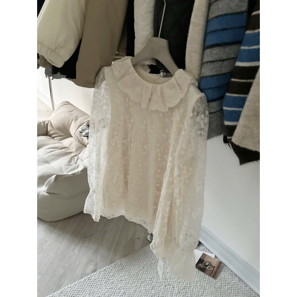 ÁO REN HOA NỔI CỔ BÈO TAY BỒNG ÁO SƠ MI REN HOA NỔI CỔ BÈO 2 LỚP TAY BỒNG STYLE KOREA - DÀNH CHO NỮ | BigBuy360 - bigbuy360.vn