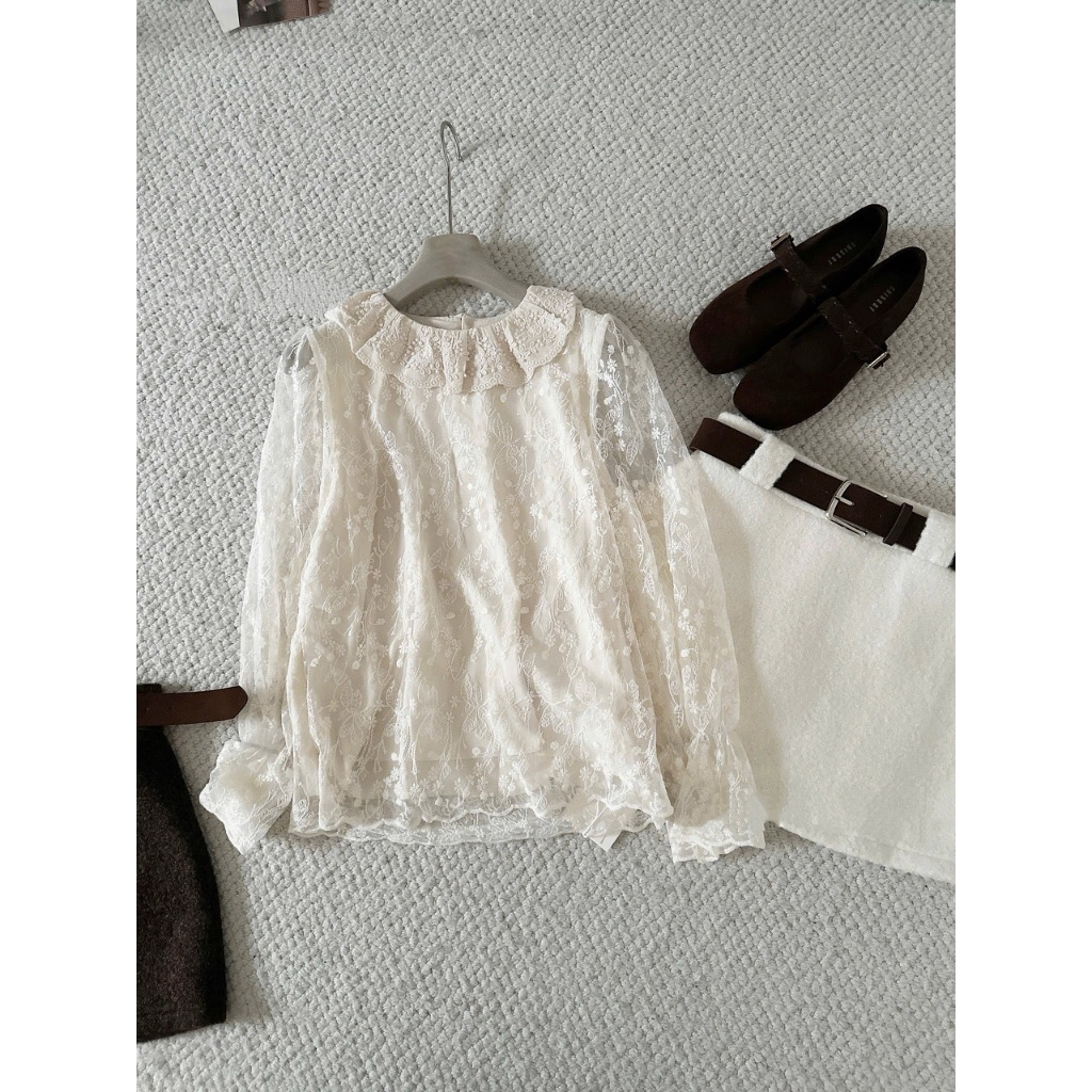 ÁO REN HOA NỔI CỔ BÈO TAY BỒNG ÁO SƠ MI REN HOA NỔI CỔ BÈO 2 LỚP TAY BỒNG STYLE KOREA - DÀNH CHO NỮ | BigBuy360 - bigbuy360.vn