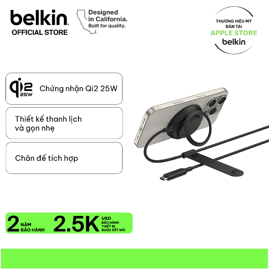 Đế sạc không dây Belkin Magsafe 2-in-1 chuẩn Qi2.2 25W sạc nhanh không dây nhỏ gọn cho nhiều thiết b