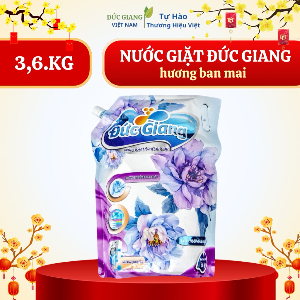 Nước giặt Đức Giang hương ban mai giặt xả 2trong1 thơm lâu bền màu áo quần ( 3,6kg/1túi )
