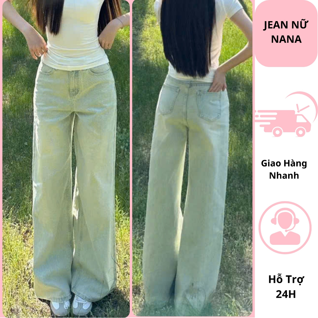 Quần jean nữ ống suông màu xanh bạc cạp cao qua rốn