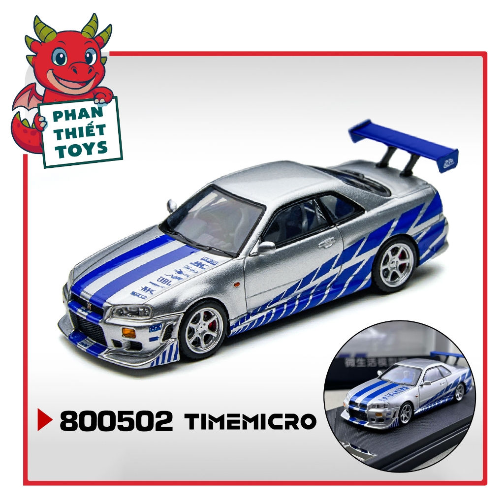 Mô hình xe Skyline GT-R R34 Silver-Blue tỉ lệ 1:64 Time Micro TM800502