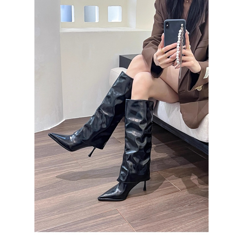 Boot ống quần da sáng chế bốt cao gót mũi nhọn cao gót gót nhọn không quá đầu gối bốt nữ hot girl th