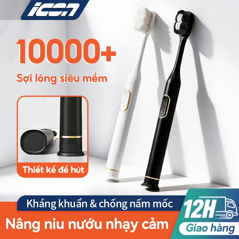 Bàn chải lông mềm ICON, chuyên chăm sóc nướu nhạy cảm, Có đế hút siêu chặt + cạo lưỡi