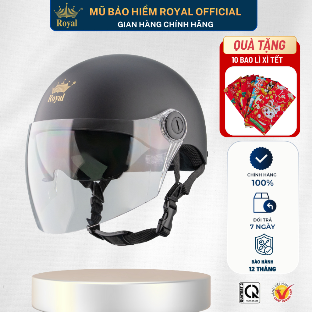 Mũ Bảo Hiểm Royal Chính Hãng M579K  Kính Dài Trắng Kính Âm Đen,  Mũ Royal 2 Kính Tiện Lợi Hợp Nam Nữ