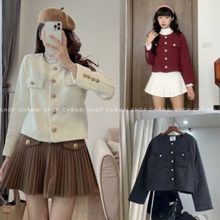  Áo khoác dạ nữ A.534 Áo dạ tweed trơn dài tay cổ tròn túi nắp 2 màu sang chảnh - Shop Chấm Bi 