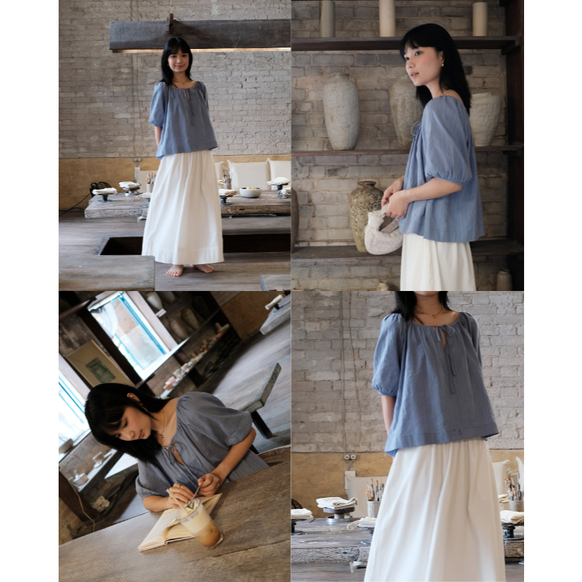 AO'EM STUDIOS | CLARA TOP - Áo Tay Phồng Thắt Nơ Chất Liệu Cotton Hàn Thoải Mái