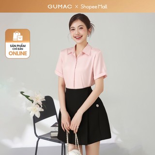  Áo sơ mi nữ dáng suông GUMAC tay ngắn giấu nút hồng trắng xanh be lụa mềm mát công sở LAF0339 