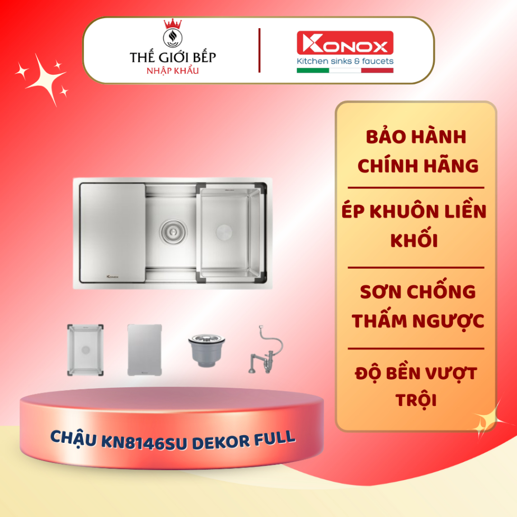 Chậu rửa bát Konox Dekor KN8146SU – Inox 304 cao cấp, 1 hố + bàn chờ