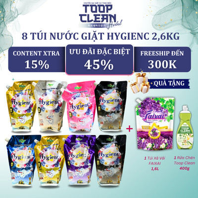 [Sỉ Thùng] Thùng 8 Túi Nước Giặt Đậm Đặc HygienC Plus 2.6Kg - Hương Nước Hoa, Sạch Vết Bẩn, Dưỡng Vải