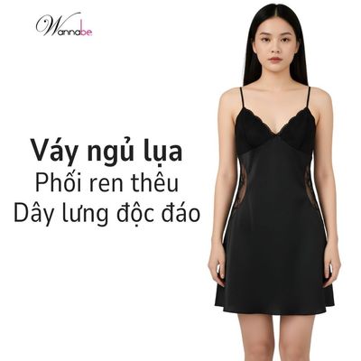 Đầm ngủ lụa WANNABE váy ngủ cut-out eo lưng phối ren trang trí 6 dây đan khoe lưng quyến rũ DNS42