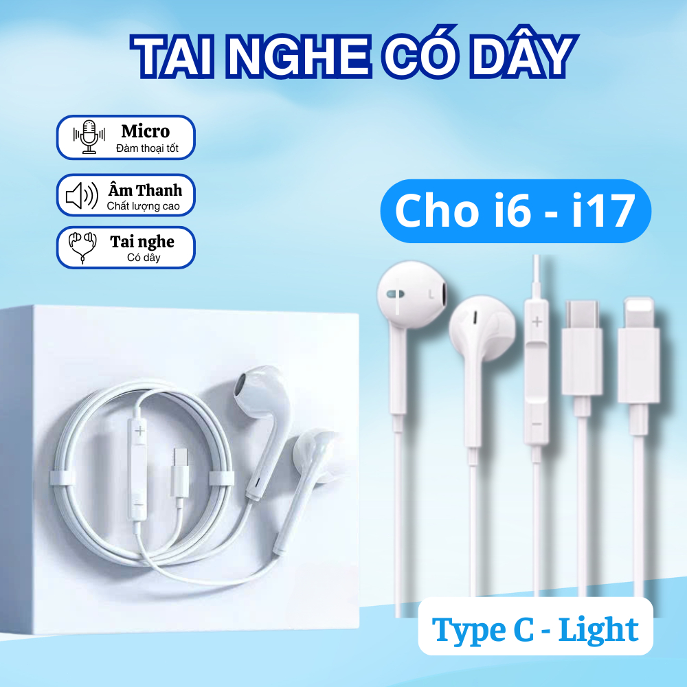 Tai Nghe Có Dây Nhét Tai Type C/Light - Có Micro Cực Tốt - Điều Chỉnh Âm Lượng, Bass Hay - Không Lọt Âm Thanh
