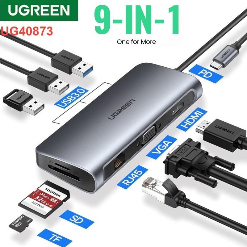 HUB 9 in 1 bộ chuyển đổi USB Type C sang các cổng HDMI+VGA+3 cổng USB 3.0+Lan Gigabit RJ45 + SD,TF U