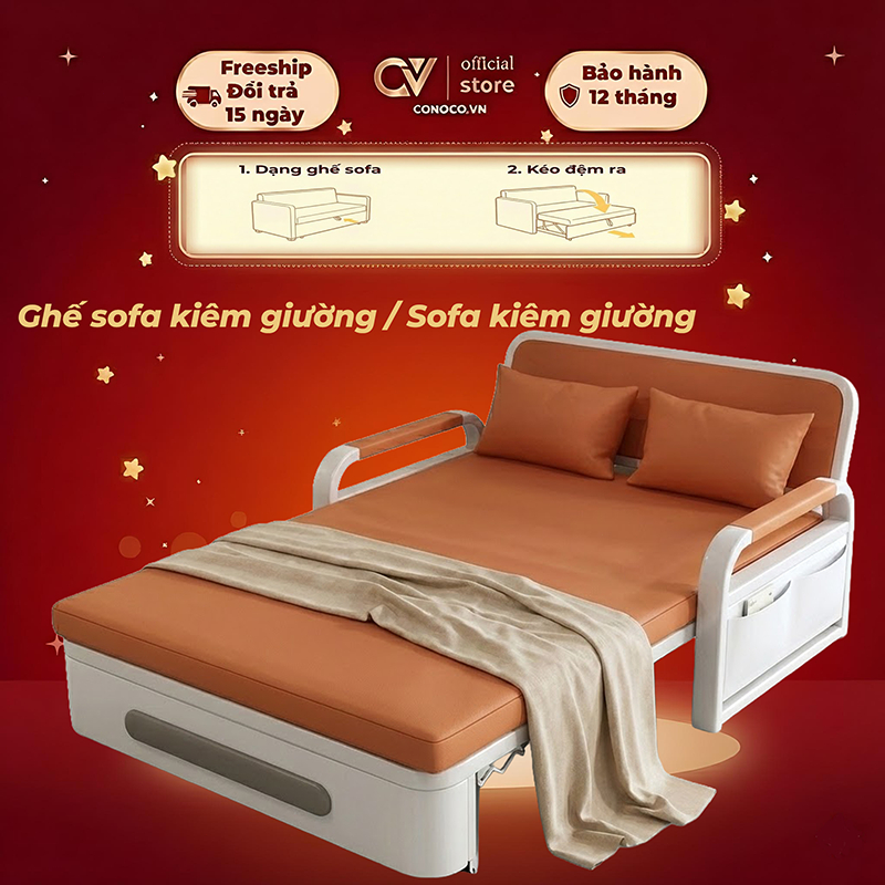 Ghế Sofa Giường Đa Năng CONOCO Gấp Gọn Khung Sắt Chịu Lực Nệm Cao Su Da Mèo Cào Chống Xước Có Hộc Đồ