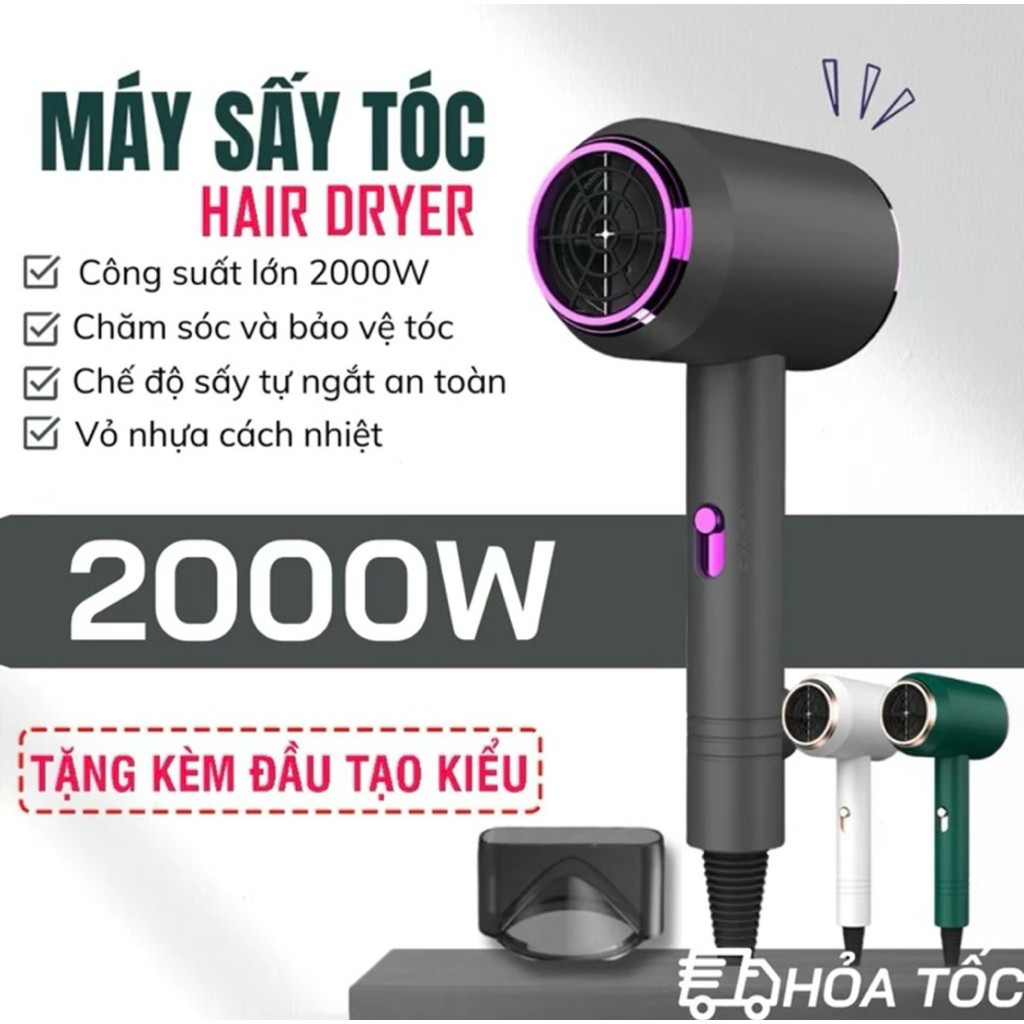 Máy Sấy Tóc 2 Chiều Nóng Lạnh Công Suất Lớn 2000W Nhanh Khô, 3 Chế Độ Sấy Tạo Kiểu, Chăm Sóc Tóc Chuẩn SaLon Ko Mỏ Vịt