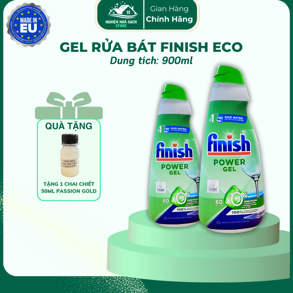 (Mua 1 Tặng 1) Gel Rửa Chén Finish Eco 900ml – Dùng Cho Máy Rửa Bát, Làm Sạch Dầu Mỡ, Không Hóa Chất