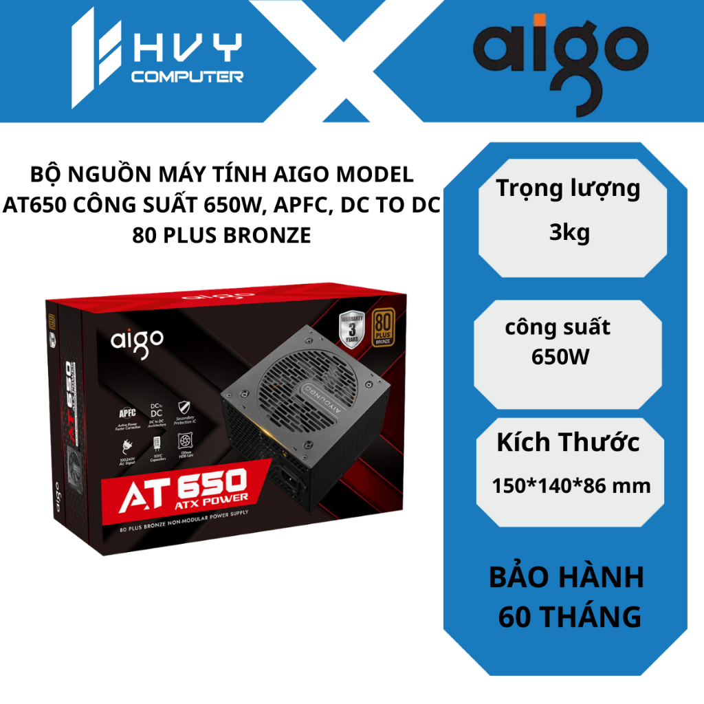 BỘ NGUỒN MÁY TÍNH AIGO MODEL AT650 CÔNG SUẤT 650W, APFC, DC TO DC 80 PLUS BRONZE