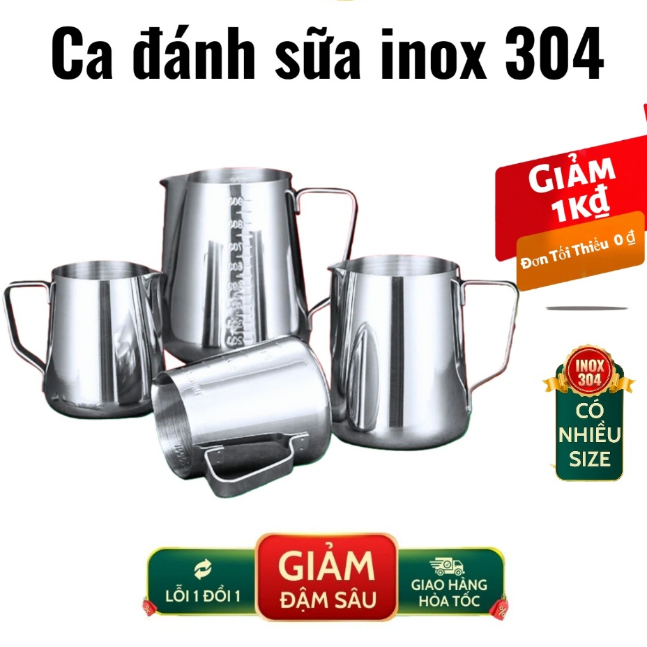 Ca đánh sữa inox,Ca Đong Inox 304 Có Vạch Chia có chia vạch 2 mặt,350ml - 2000ml