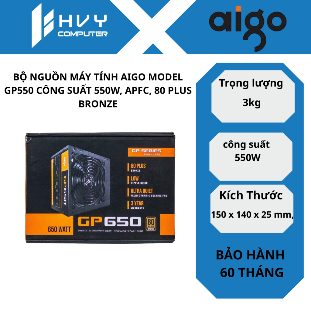 BỘ NGUỒN MÁY TÍNH AIGO MODEL GP550 CÔNG SUẤT 550W, APFC, 80 PLUS BRONZE