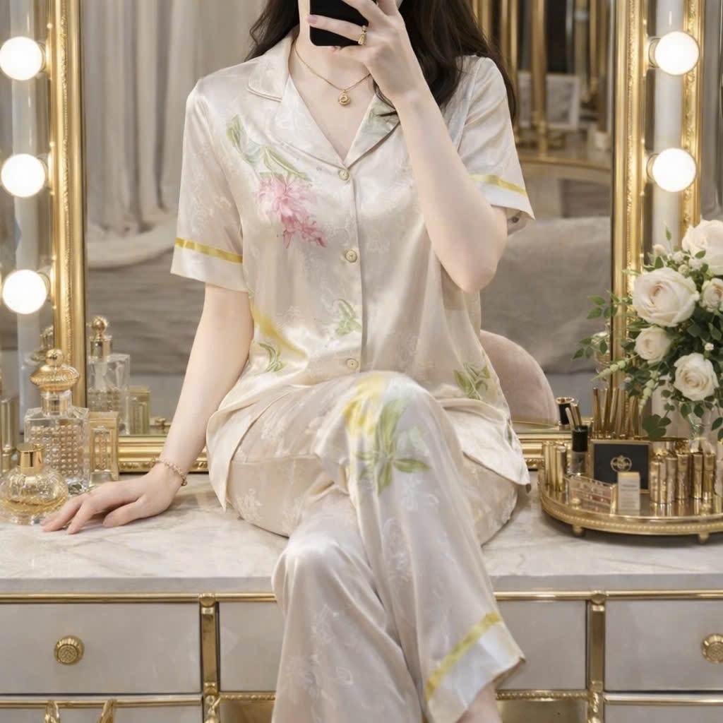 Đồ Bộ PIJAMA Lụa LaTin Cao Cấp, Mềm Mịn Sang Trọng Tay Ngắn Họa Tiết Hoa,Pijamadep,Pijama SUN