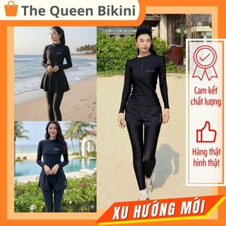  Đồ bơi nữ quần dài 2 lớp áo tay dài có khóa kéo che nắng kín đáo màu đen Bikini Ninja chất co giãn 4 chiều The Queen 091 