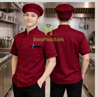 Áo bếp màu đỏ Đồng phục đầu bếp nam nữ cao cấp vải kaki cotton
