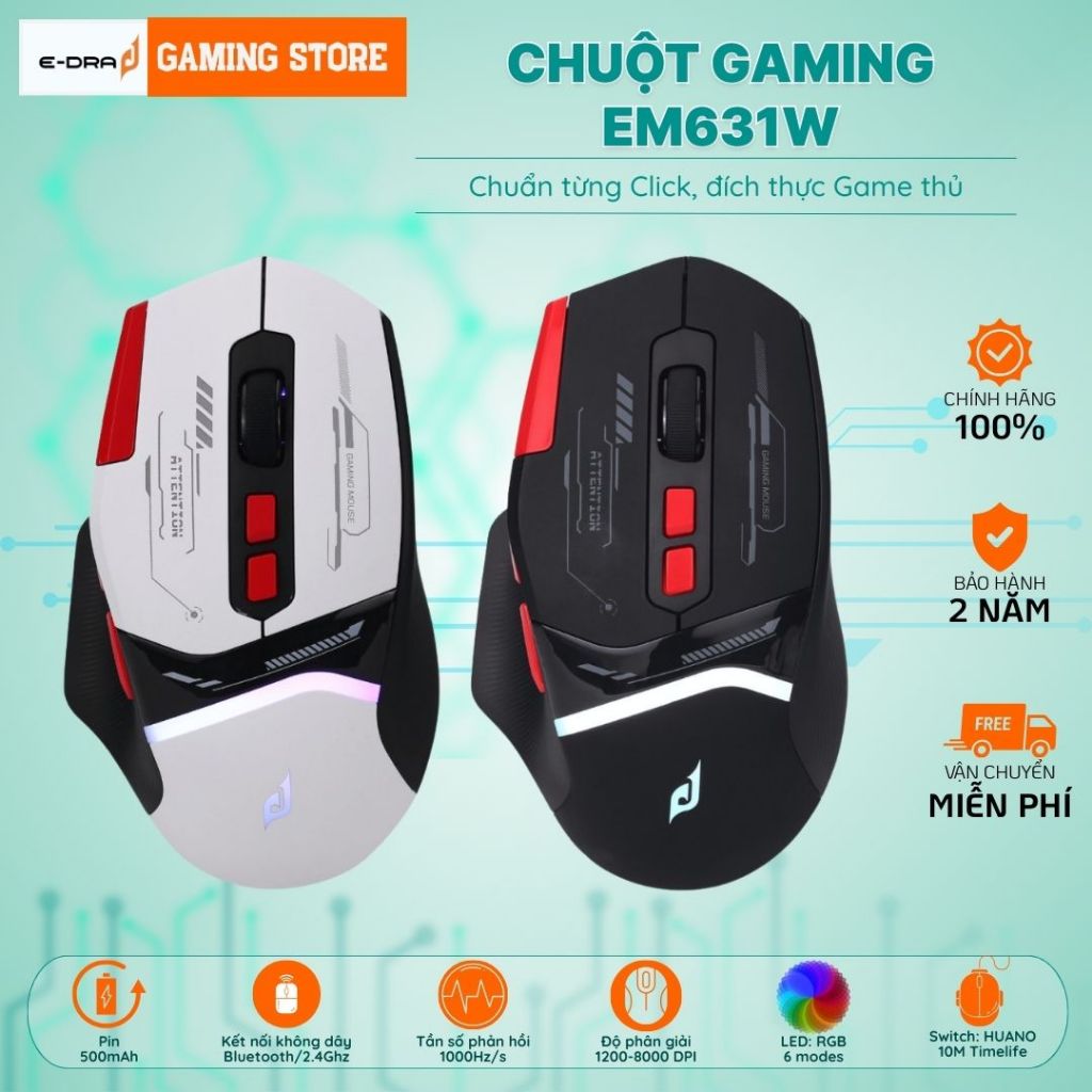 Chuột Gaming E-DRA EM631W, EM624W, EM623W Không Dây, EM631 Có dây Tuỳ Chỉnh DPI, LED RGB Chính Hãng