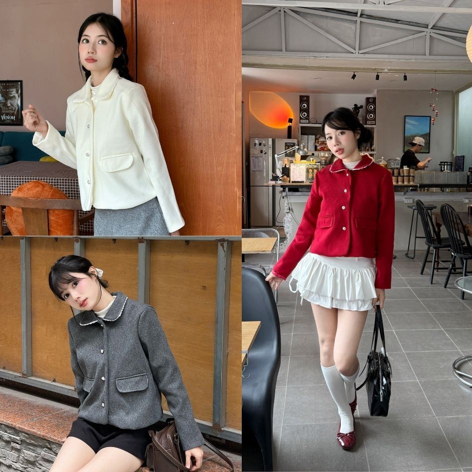 Áo Khoác Dạ Ép  2 Lớp Dáng Ngắn Cổ Phối Ren Sang Chảnh Form Ôm Nhẹ -29feb.closet- a590 | BigBuy360 - bigbuy360.vn