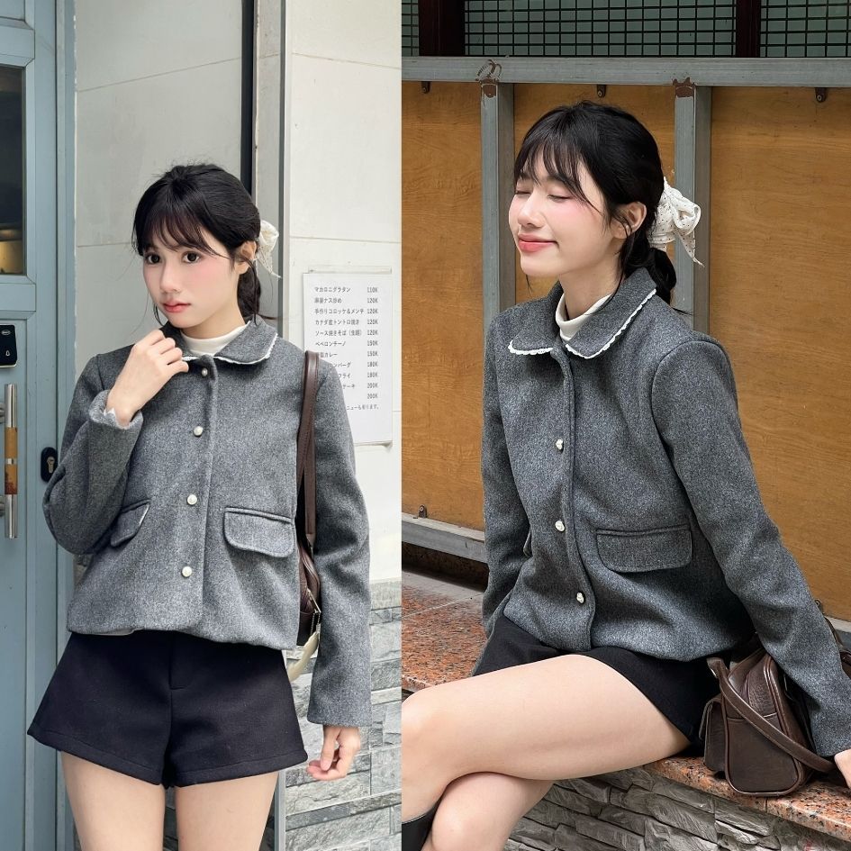 Áo Khoác Dạ Ép  2 Lớp Dáng Ngắn Cổ Phối Ren Sang Chảnh Form Ôm Nhẹ -29feb.closet- a590 | BigBuy360 - bigbuy360.vn