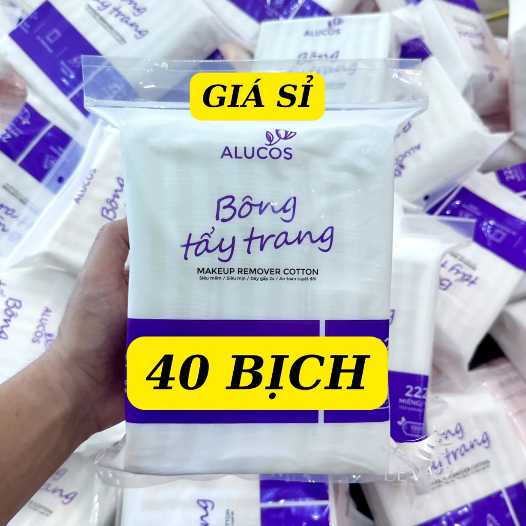40 Bịch Bông Tẩy Trang Vuông ALUCOS 222 Miếng Giá Sỉ – Cotton Tự Nhiên 2 Mặt 3 Lớp, Mềm Mịn, Thấm Hú