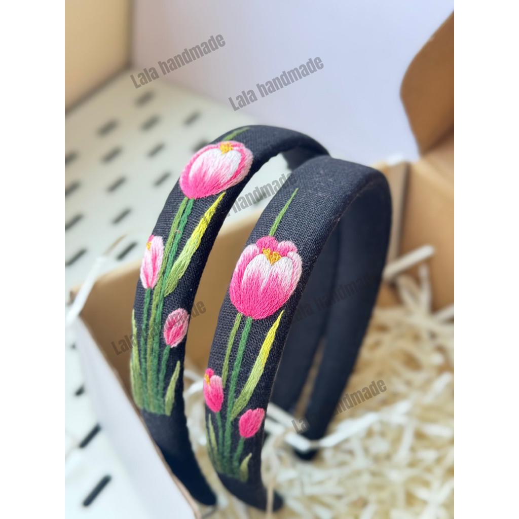 [Tulip đen hồng] Bờm tóc thêu tay truyền thống hoa tulip 2,5cm/ Băng đô vải thêu thủ công