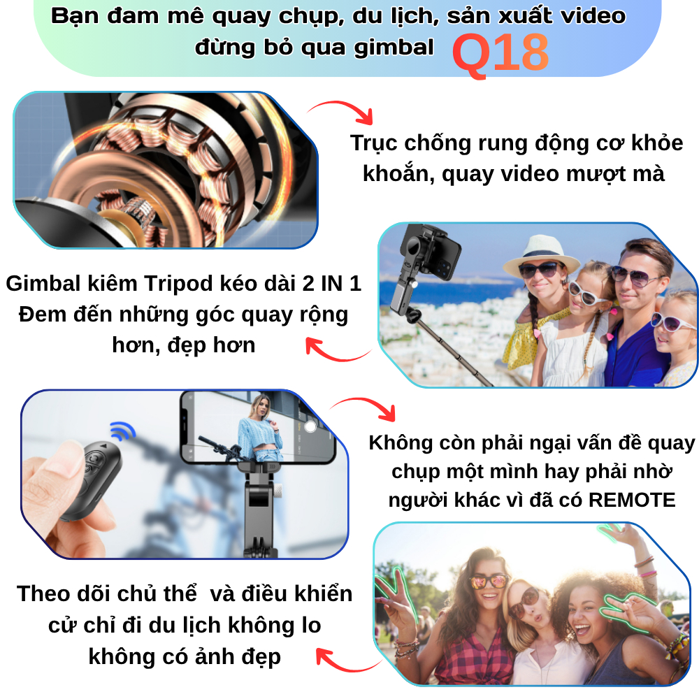 Gimbal Q18 - Gymbal điện thoại quay phim chống rung hỗ trợ quay phim, chụp ảnh chuyên nghiệp xoay 360 độ có đèn Led | BigBuy360 - bigbuy360.vn