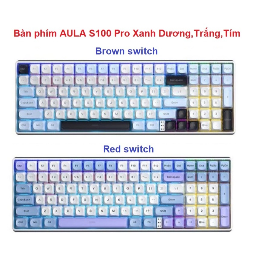 Bàn Phím Gaming không dây 3 mode AULA S100 Pro Xanh Dương,Trắng,Tím