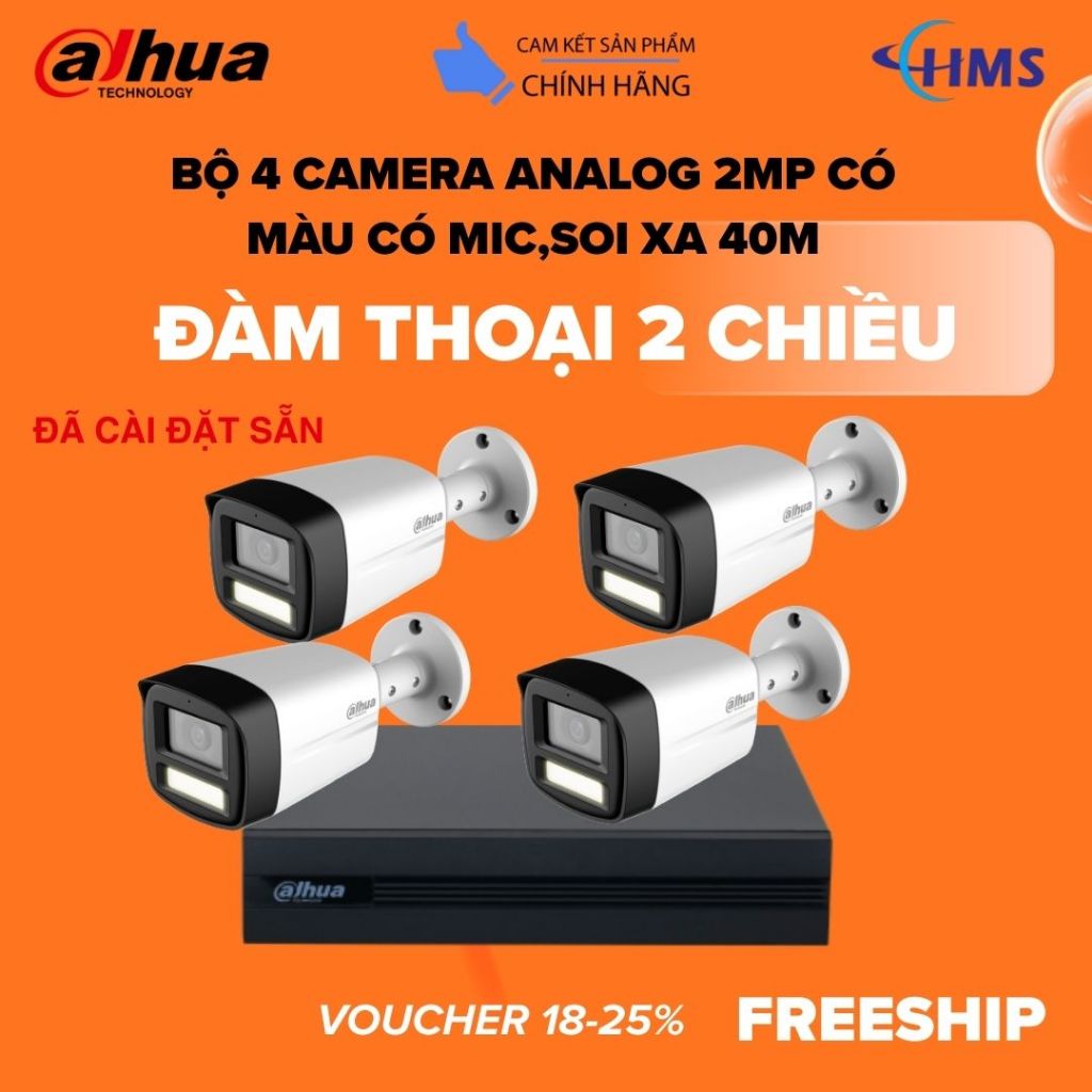 Trọn bộ 4 camera Dahua analog đàm thoại,có màu đêm,soi xa 40m đầy đủ phụ kiện,chưa kèm dây (cam hfw1