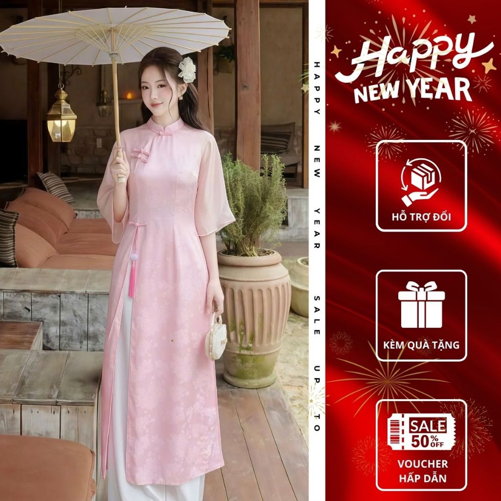 Áo dài cách tân Emili Lux dáng suông chất gấm kết hợp tơ ánh, đính khuy điệu đà duyên dáng AD1