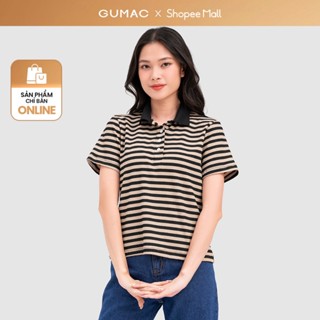  Áo thun polo nữ GUMAC sọc ngang thun gân mềm nhiều màu be nâu đen xám  LPLF1103 