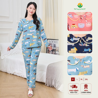  Đồ bộ tole nữ dài tay bộ lanh mặc nhà Việt Thắng quần dài áo họa tiết cổ sen đính nơ B10.5174 