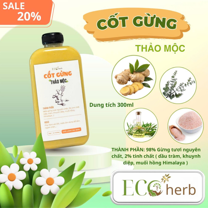 Tinh chất cốt gừng chai 300ml giúp làm ấm cơ thể chăm sóc sức khỏe mọi người. Eco Herb.