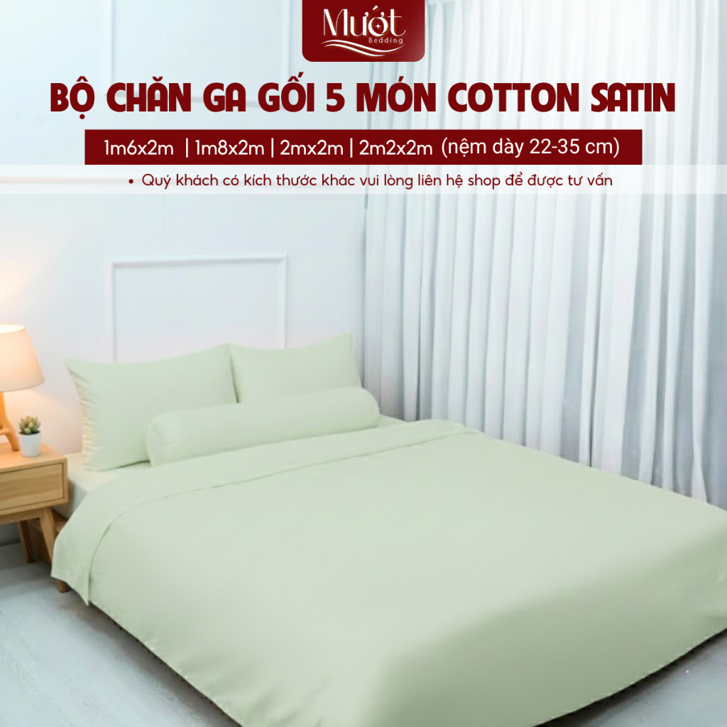 Bộ ga gối 5 món nệm kích thước 1m6x2m, 1m8x2m, 2mx2m, 2m2x2m (Dày 23-35cm) Cotton Satin Mướt Bedding