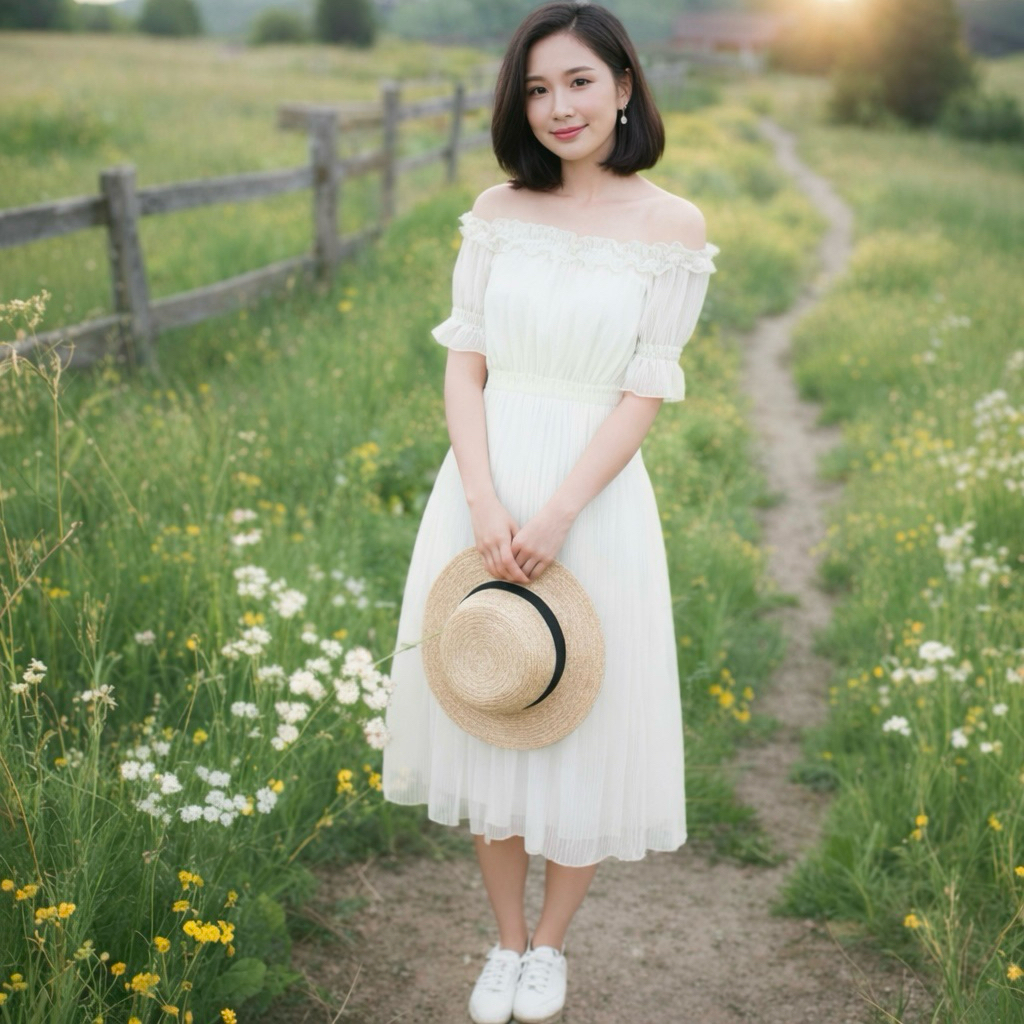 Đầm midi trễ vai trắng cổ bèo, váy vintage công chúa(kèm hình thật)
