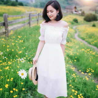 Đầm midi trễ vai trắng cổ bèo, váy vintage công chúa(kèm hình thật)