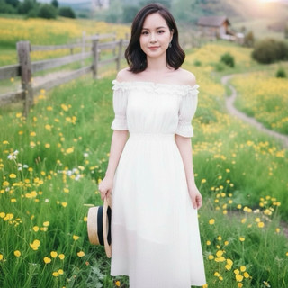 Đầm midi trễ vai trắng cổ bèo, váy vintage công chúa(kèm hình thật)