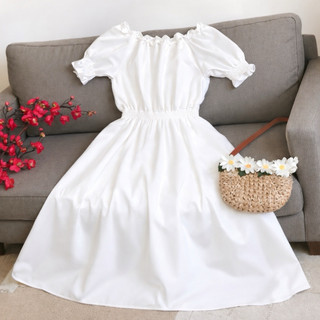 Đầm midi trễ vai trắng cổ bèo, váy vintage công chúa(kèm hình thật)