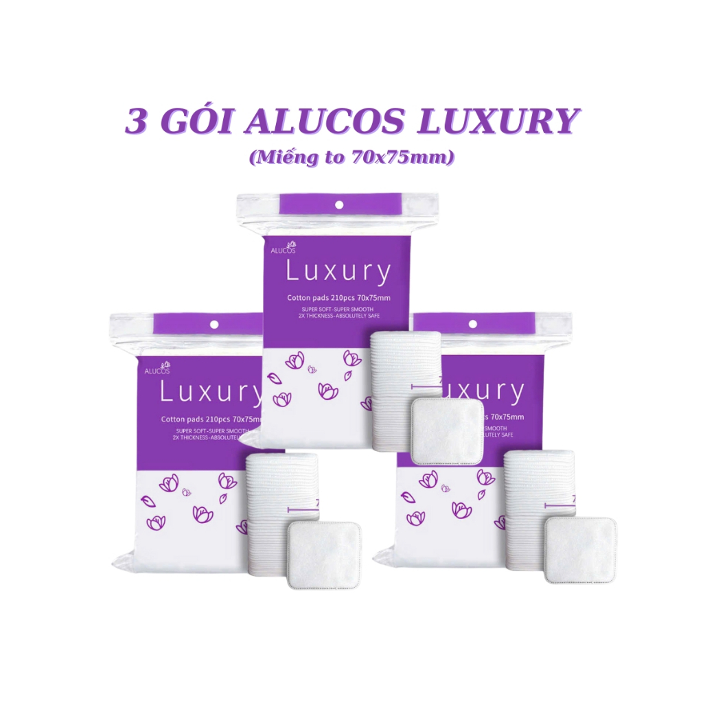 Bông Tẩy Trang Vuông ALUCOS Luxury 210 Miếng – Cotton Tự Nhiên, Miếng To Dày 75x70mm, Thấm Hút Tốt B