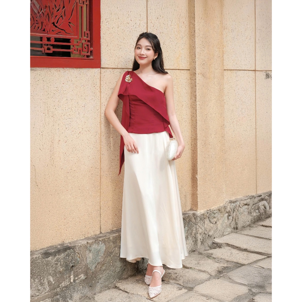 Áo Nữ OGENUS Chất Lụa Lệch Vai Nhún Eo Tôn Dáng Thanh Lịch GOUT DE JUN