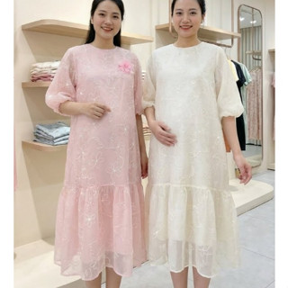  Đầm Bầu Tơ Hoa Thêu Tay Bồng Cao Cấp Chân Cá 2 màu Đầm Bầu Xinh 