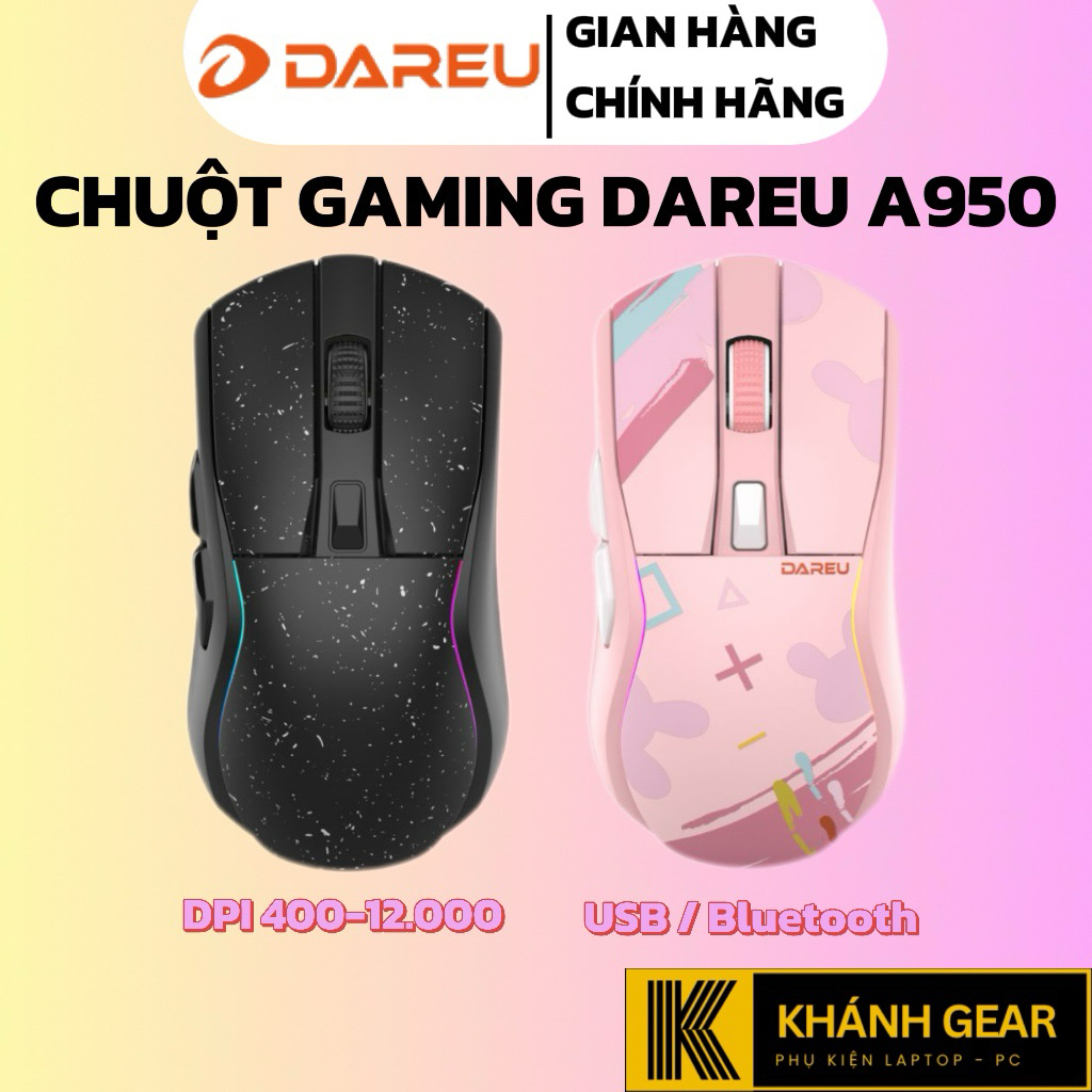 Chuột không dây Gaming DAREU A950 TRIPLE MODE (BLACK / PINK) - SIÊU NHẸ, FAST CHARING DOC