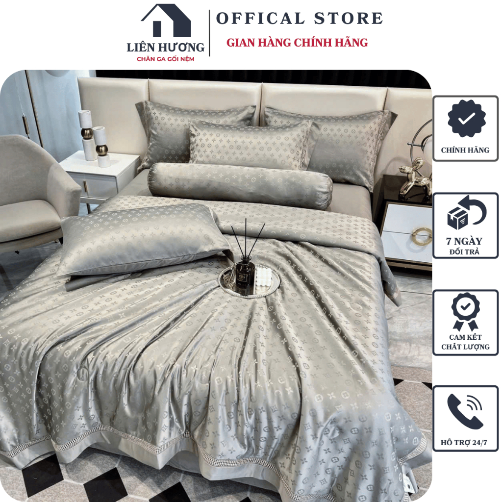 Bộ chăn ga gối lụa thương hiệu LUXURY BEDDING, chất liệu lụa dập thương hiệu sang xịn mịn, mềm mát tay, chất không nhăn