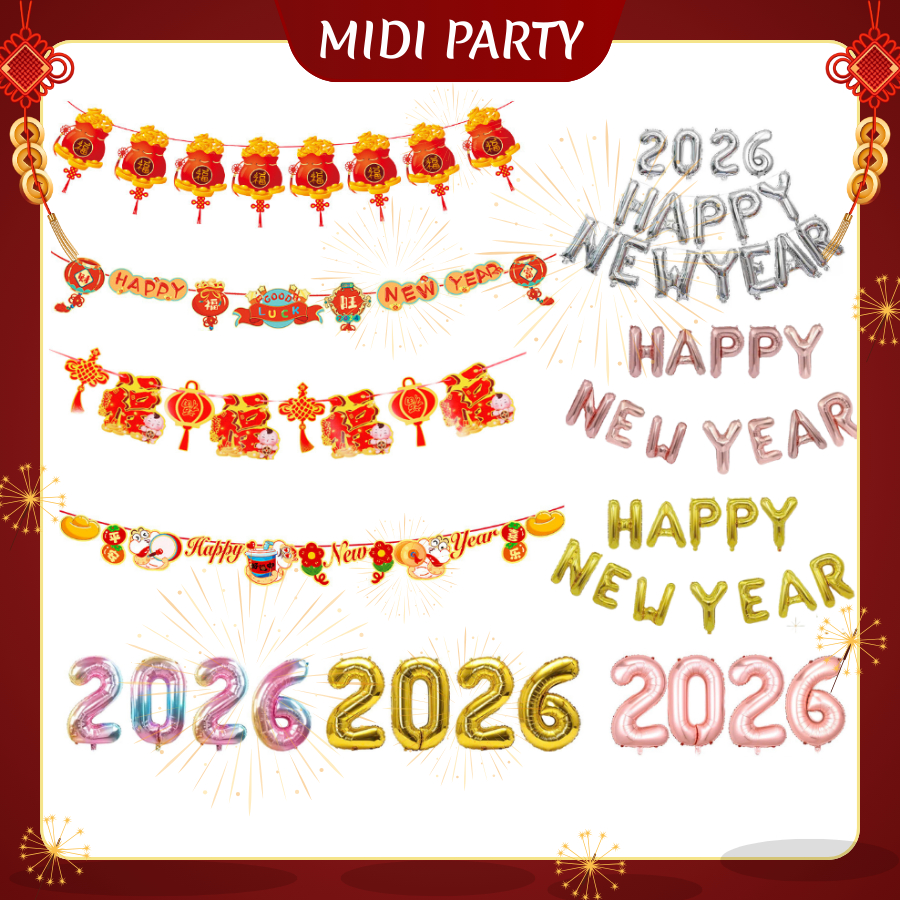 [TẾT 2026] Tổng Hợp Dây Treo, Bong Bóng, Bóng Bay Happy New Year, Đồ Chơi Tết Bính Ngọ 2026
