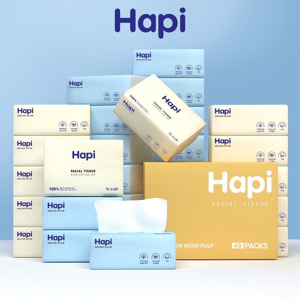 THÙNG 40 GÓI Giấy ăn HAPI cao cấp giấy 4 lớp nguyên liệu bột gỗ nguyên sinh tự nhiên không chất tẩy trắng